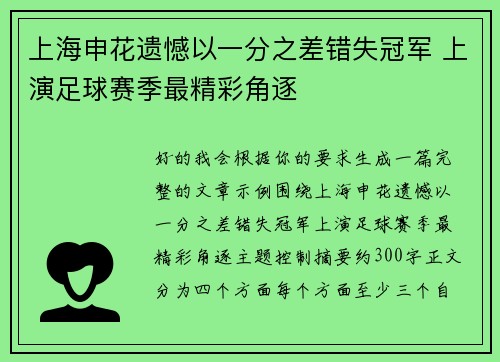 上海申花遗憾以一分之差错失冠军 上演足球赛季最精彩角逐 上海申花遗憾以一分之差错失冠军 上演足球赛季最精彩角逐